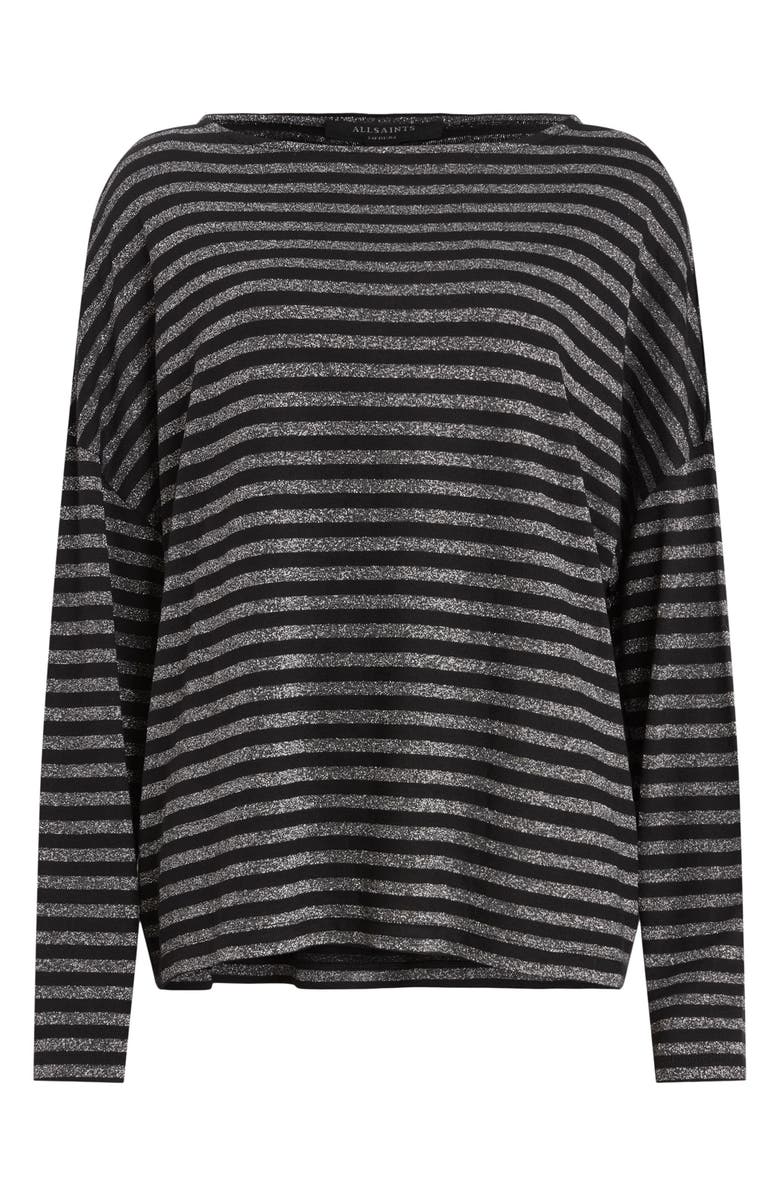 AllSaints Rita Stripe Long Sleeve Boat Neck T-Shirt, Alternate, color, Black Shimmer