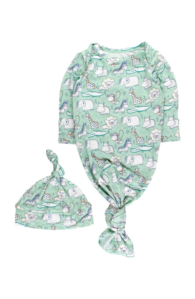 RuffleButts Knotted Sleep Gown & Hat Set, Main, color, Sage Safari