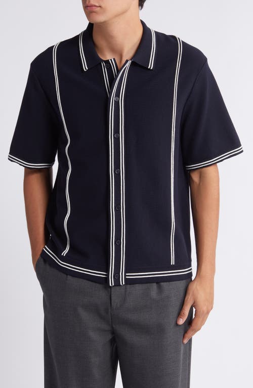 Wax London Minori Short Sleeve Milano Knit Button-Up Shirt in Navy 