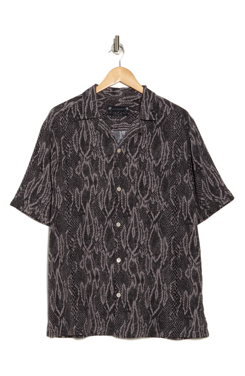 AllSaints Boomslang Snakeskin Print Camp Shirt, Alternate, color, Jet Black