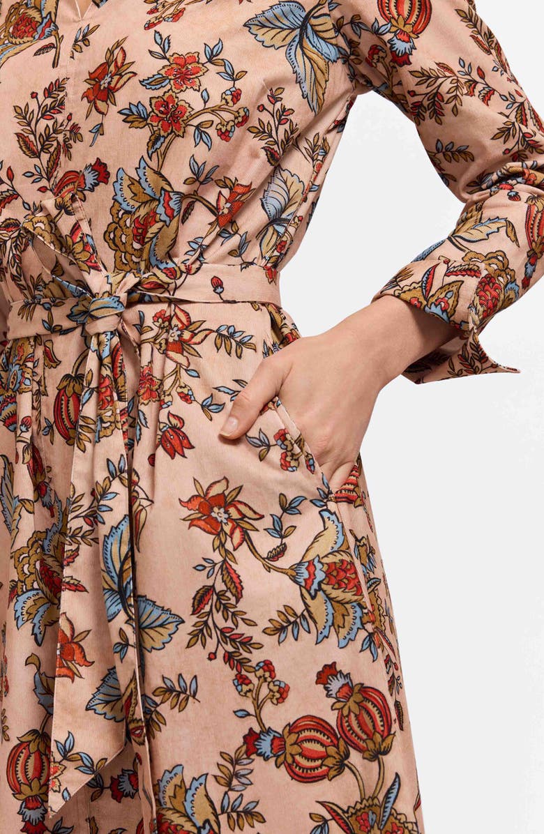 Foxcroft Agnes Autumn Leaf Print Long Sleeve Corduroy Belted Dress, Alternate, color, Camel Multi