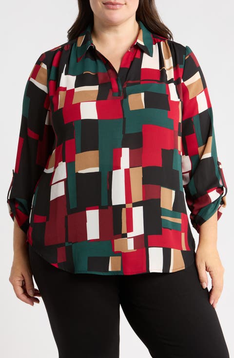 Notched Collar Roll Tab Sleeve Top