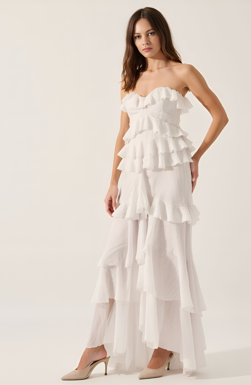 Modenaire Strapless Raw Edge Tiered Ruffle Maxi Dress In White
