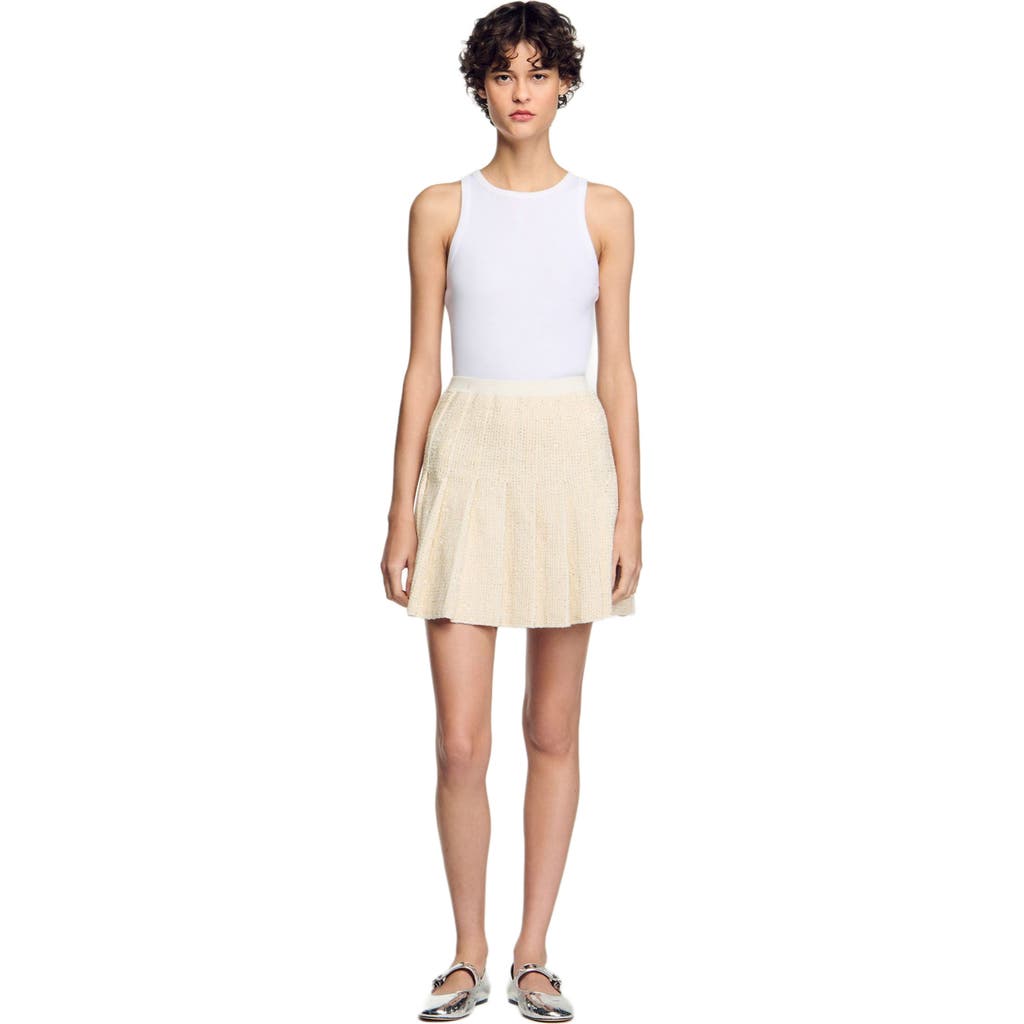 Sandro Short Tweed Pleated Skirt In Ecru