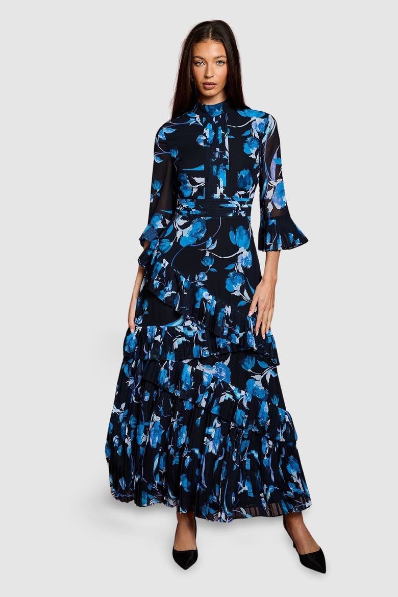 Pleated Frill Chiffon Maxi Dress, Main, color, Navy