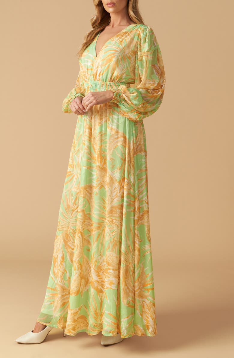 FLYING TOMATO Palm Frond Print Maxi Dress, Alternate, color, Sage