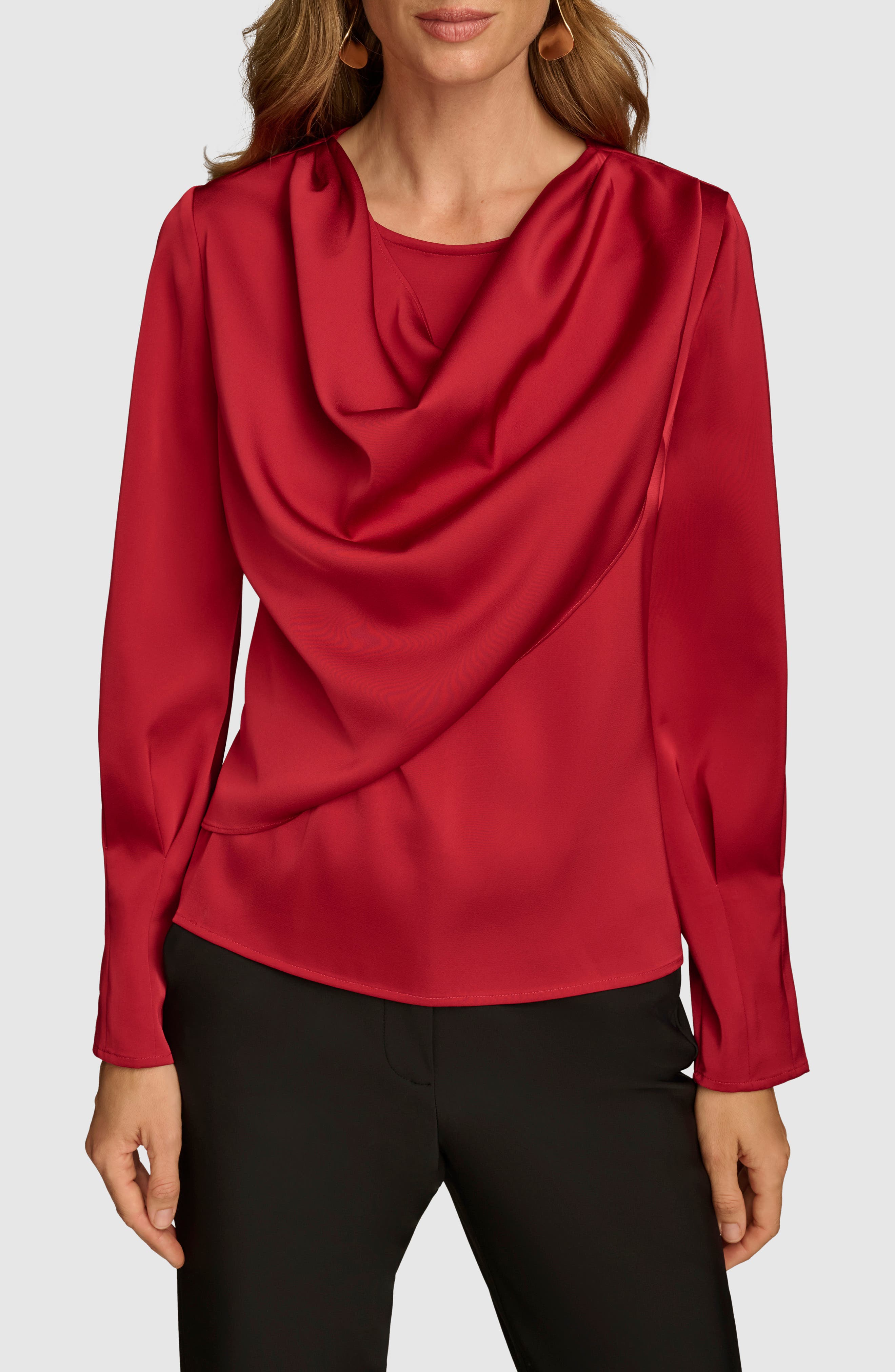 Donna Karan New York Satin Cowl Neck Top in Metropolitan Red 