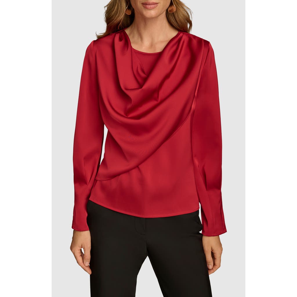DONNA KARAN Satin Cowl Neck Top in Metropolitan Red