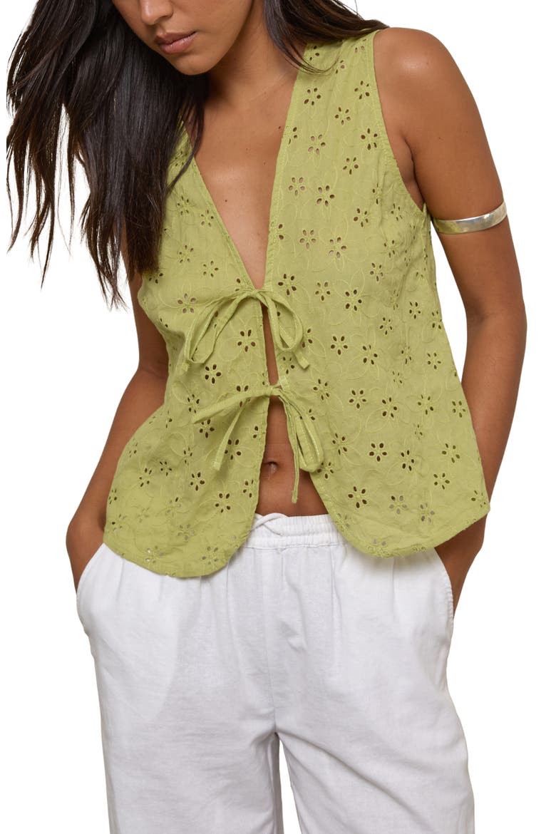 Kayve Eyelet Embroidered Tie Front Cotton Top, Main, color, LITTLE DAISY BRODERIE LIME