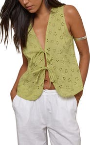 Motel Kayve Eyelet Embroidered Tie Front Cotton Top
