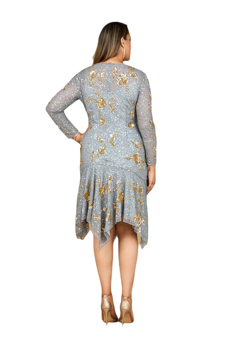 Beaded Midi Dress with Asymmetrical Hem, Alternate, color, Grey/Gold