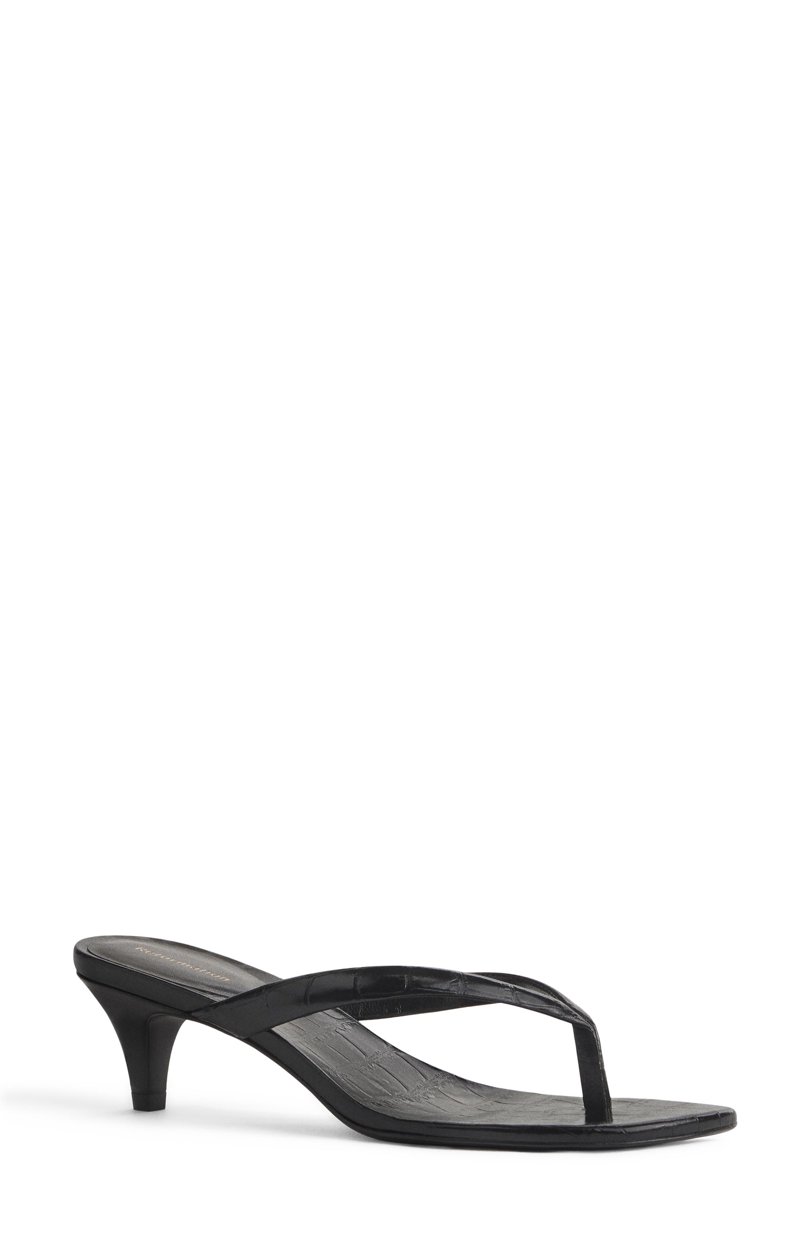Amelia Croc Embossed Leather Heeled Thong Sandal, Main, color, BLACK CROC