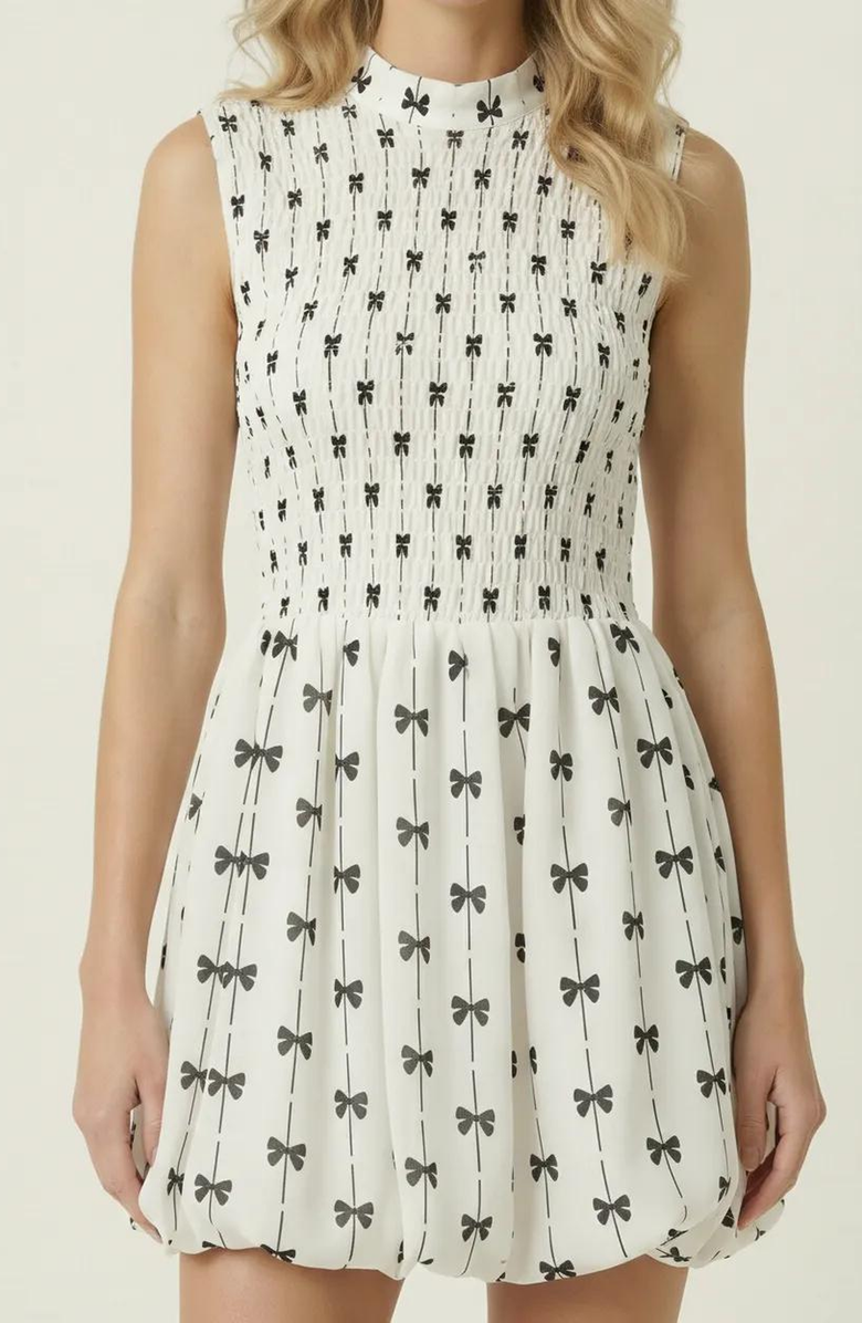 Modenaire Sleeveless Smocked Mini Dress with High Neckline, Alternate, color, White / Black