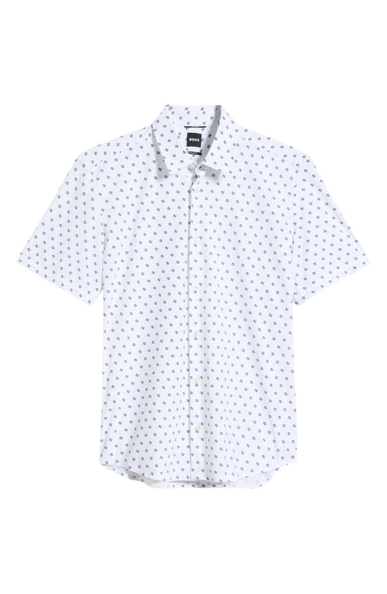 BOSS Liam Geo Print Short Sleeve Stretch Nylon Button-Up Shirt, Alternate, color, Open White