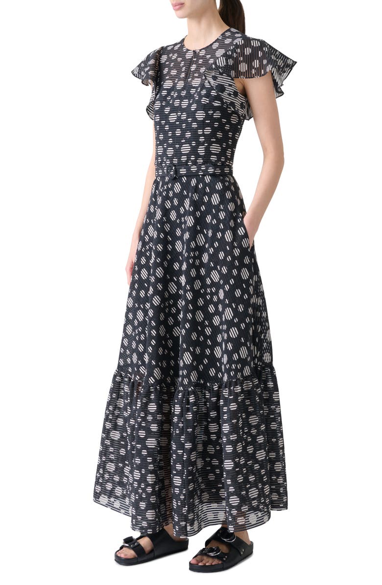 Akris punto Circle Print Burnout Stripe Flutter Sleeve Maxi Dress, Alternate, color, Black-Cream