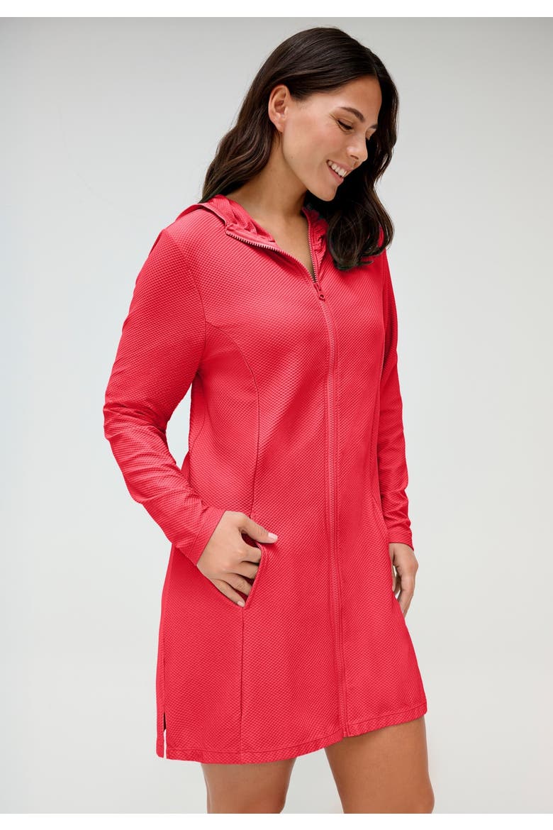 Chlorine Resistant Quick Dry Hoodie Zip Front Cover Up, Alternate, color, Coral Reef