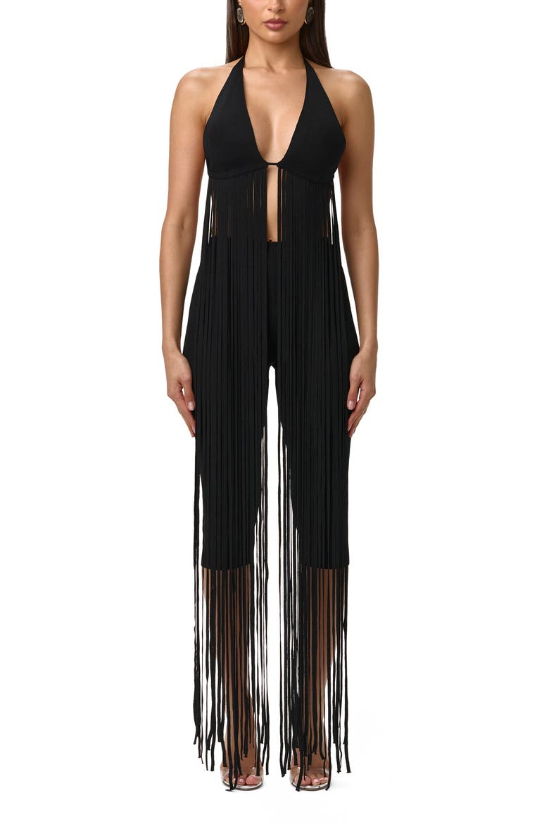 Long Fringe Halter Top, Main, color, BLACK