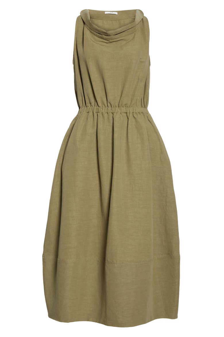 Cinched Cowl Neck Cotton & Linen Blend Midi Dress, Alternate, color, OLIVE