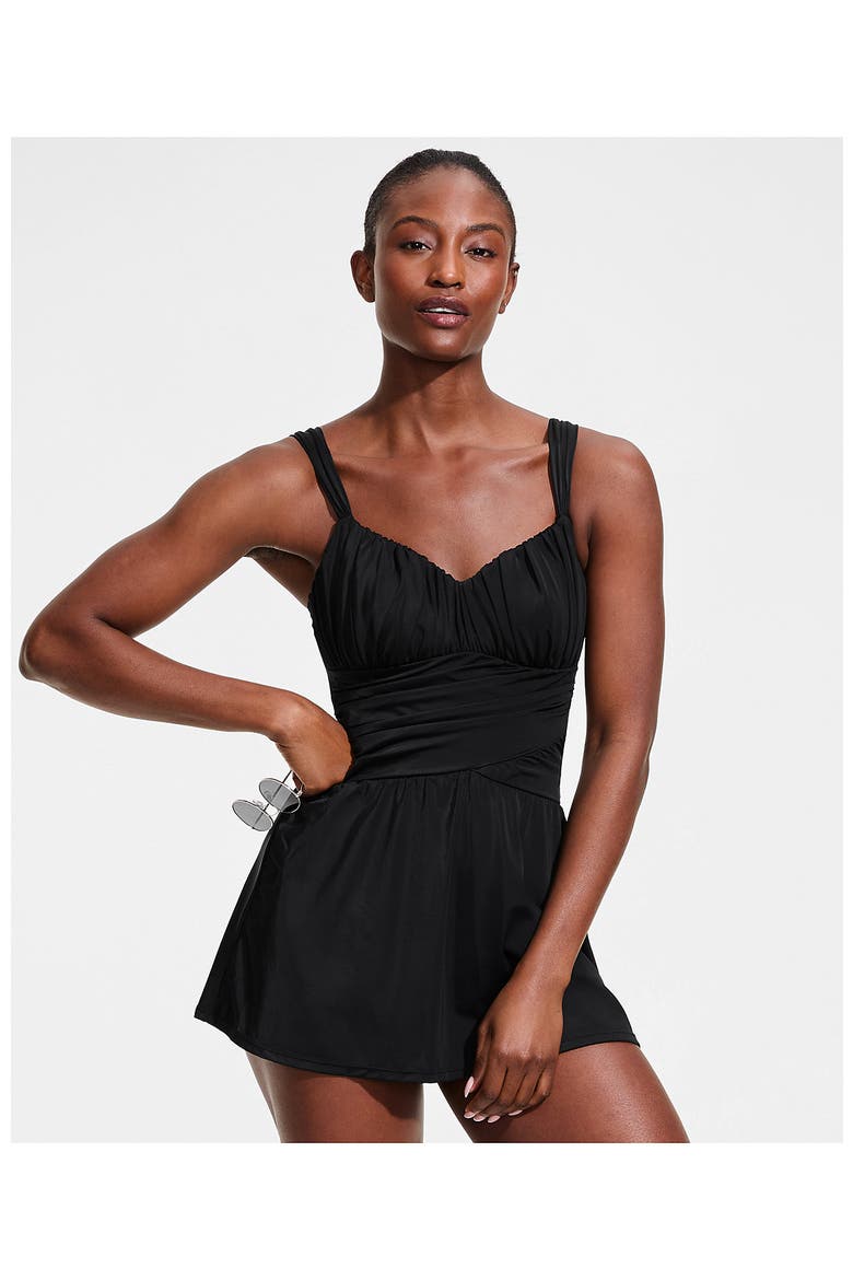 Slender Lite Sweetheart Shirred Swim Dress, Alternate, color, Black
