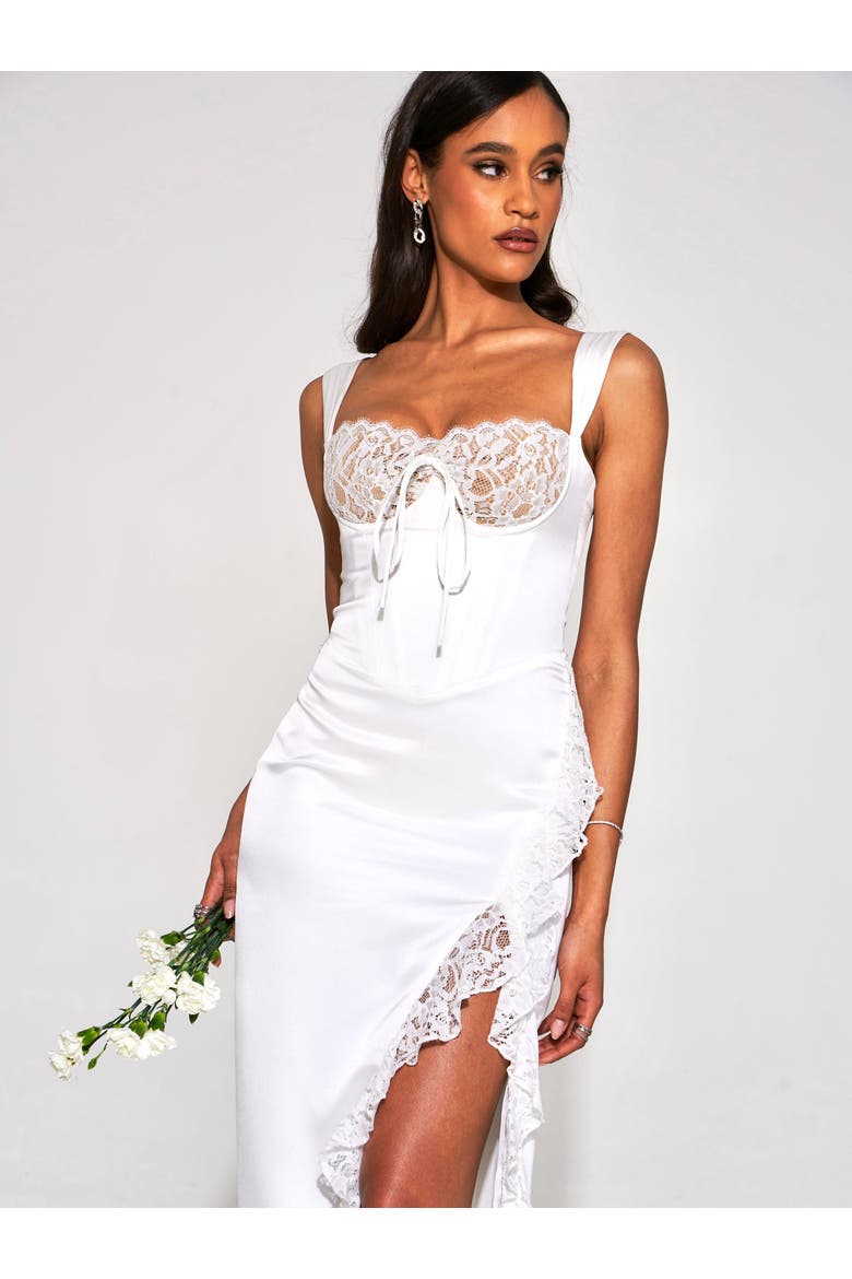 Fraddie Lace Satin Maxi Corset Dress, Alternate, color, White