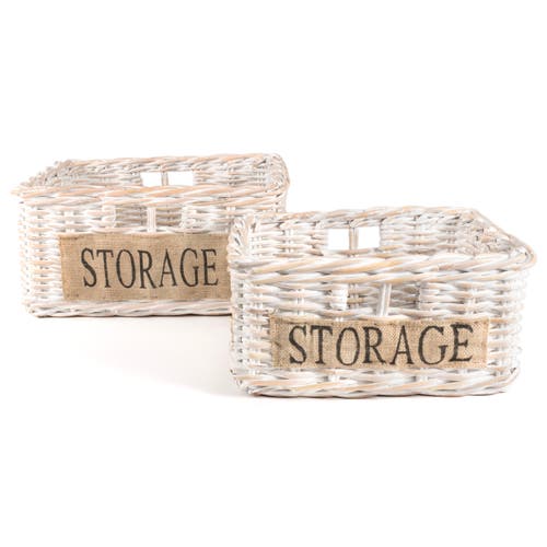 Happimess Reed Southwestern Hand-woven Rattan Nesting Baskets With Handles, White Wash/kubu Gray (set Of 2) In White Wash/kubu Gray