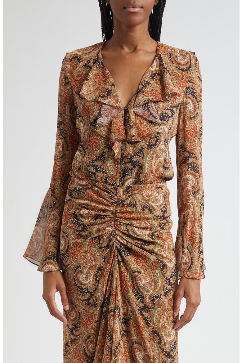 Kyrie Ruffle Bell Sleeve Silk Button-Up Shirt, Main, color, NAVY MULTI