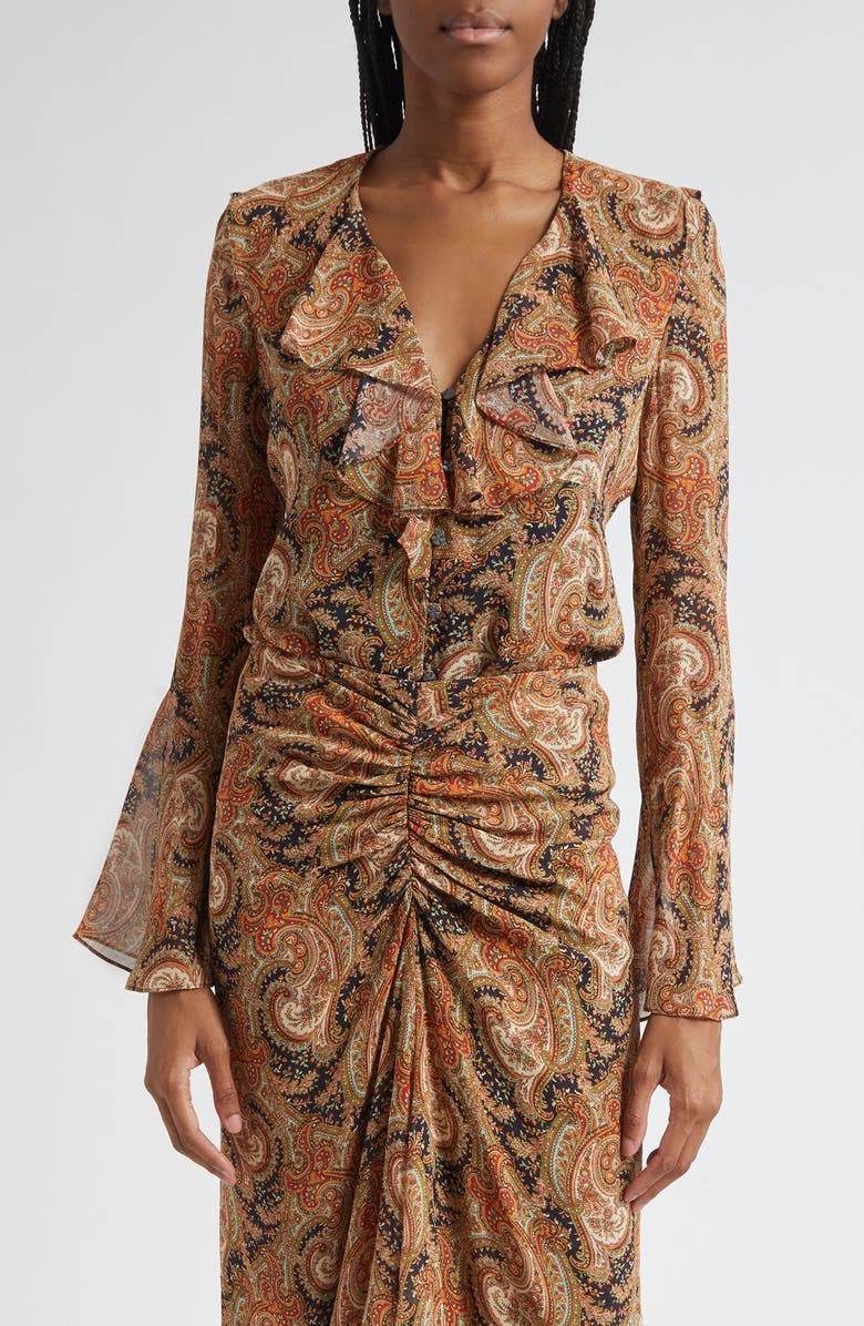 Veronica Beard Kyrie Ruffle Bell Sleeve Silk Button-Up Shirt, Main, color, Navy Multi