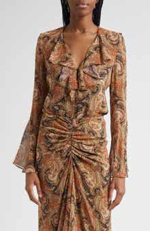Veronica Beard Kyrie Ruffle Bell Sleeve Silk Button-Up Shirt