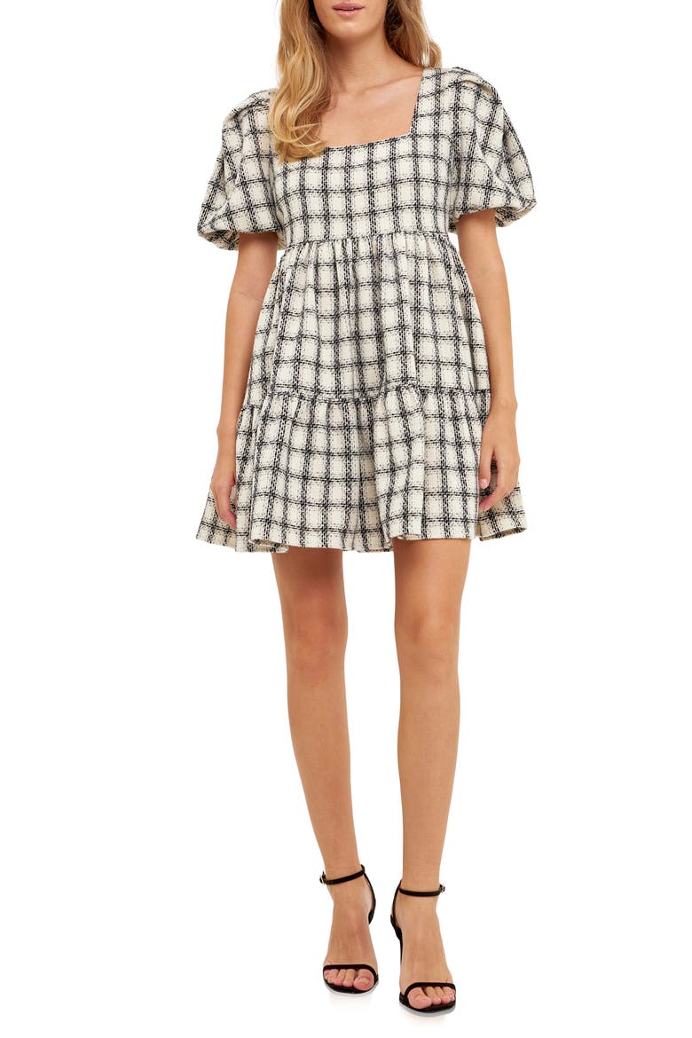 Gingham Puff Sleeve Tweed Minidress, Main, color, WHITE