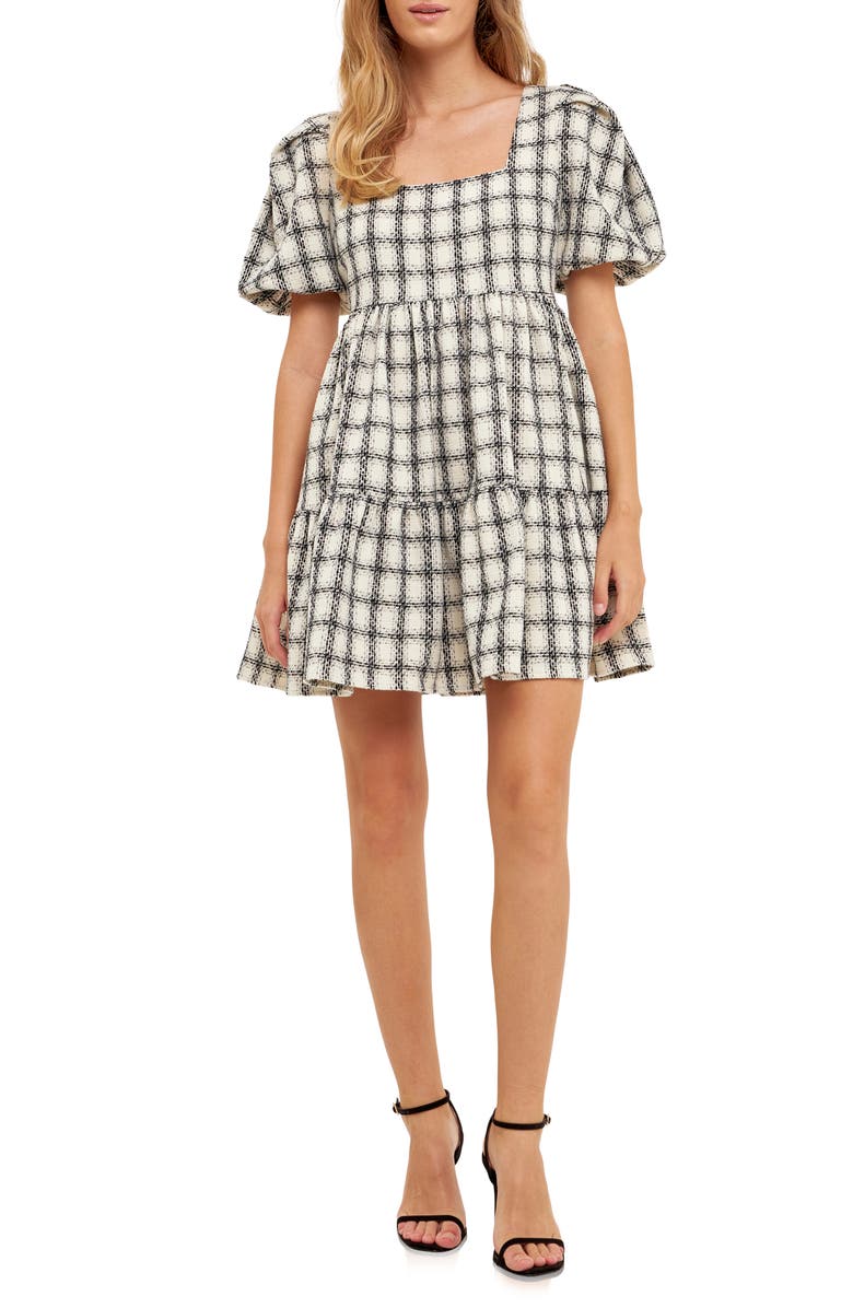 English Factory Gingham Puff Sleeve Tweed Minidress, Main, color, White