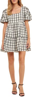 English Factory Gingham Puff Sleeve Tweed Minidress