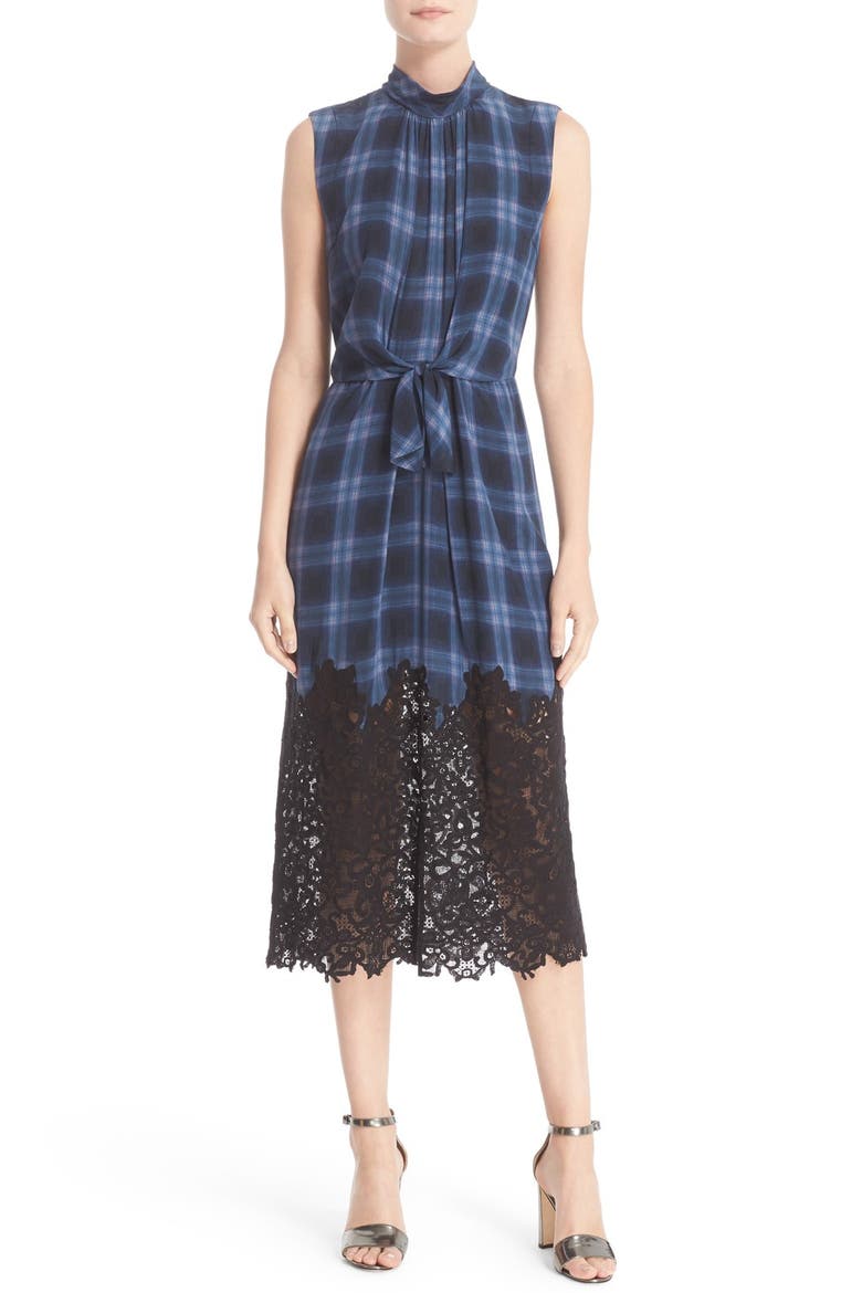 Lace Hem Sleeveless Plaid Silk Shirtdress, Main, color, VIOLET STONE COMBO