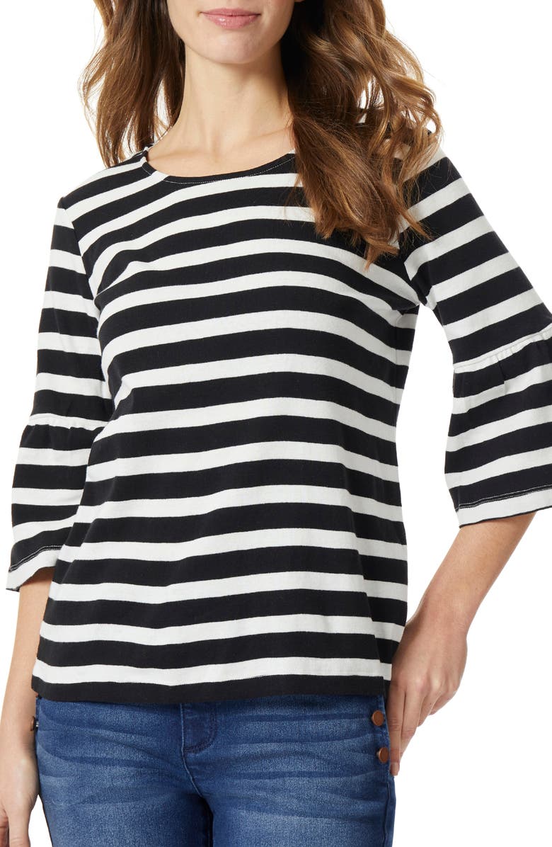 Jones New York Stripe Flounce Sleeve Cotton Top, Main, color,