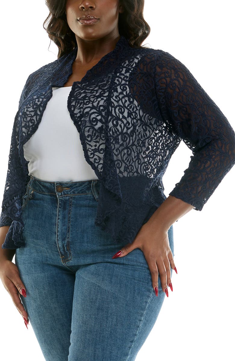 Nina Leonard Ruffle Lace Bolero, Alternate, color, Navy