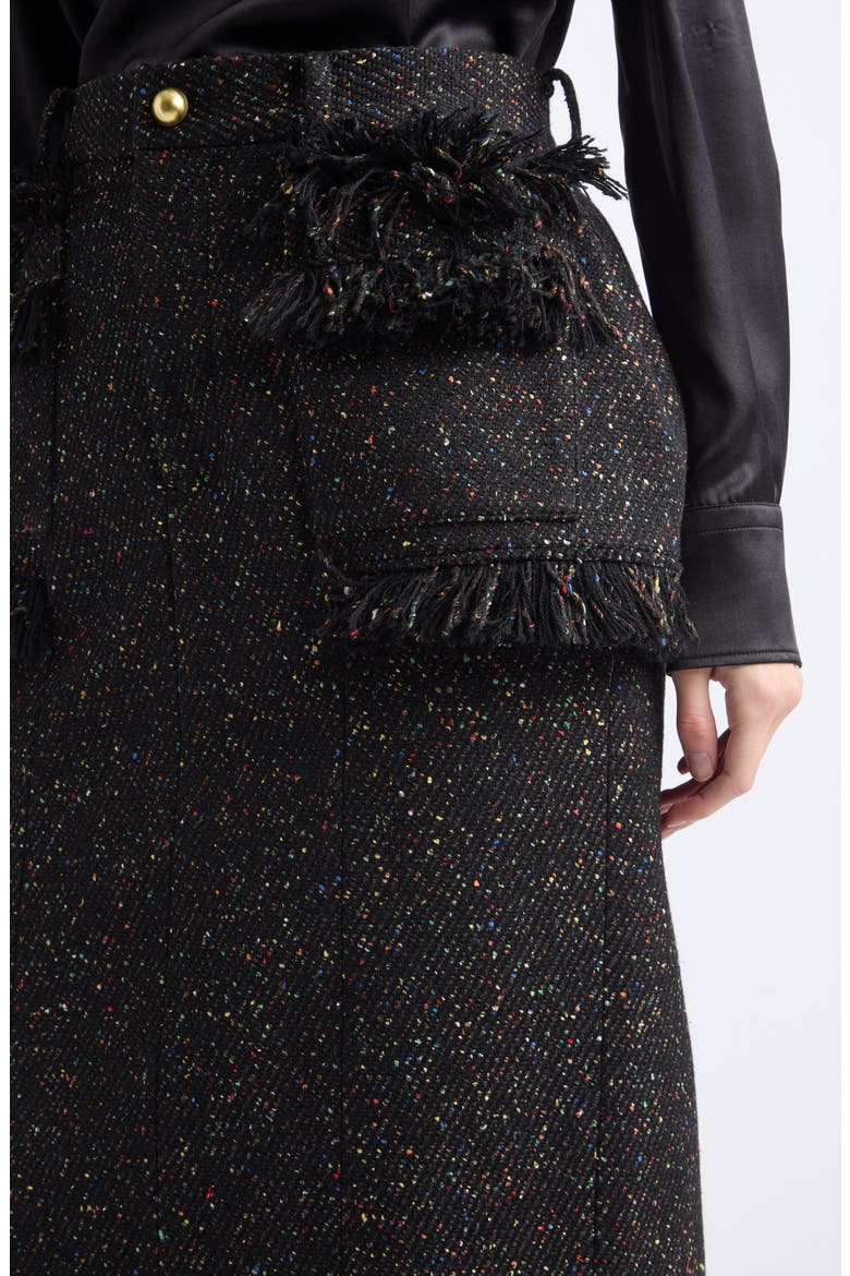 Nep Tweed Fringe Midi Skirt, Alternate, color, BLACK