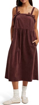 WISHLIST Corduroy Bow Strap Overalls Midi Dress
