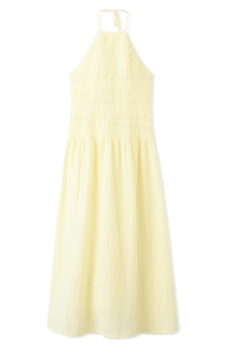 MANGO Smocked Crinkle Halter Midi Dress, Alternate, color, Pastel Yellow