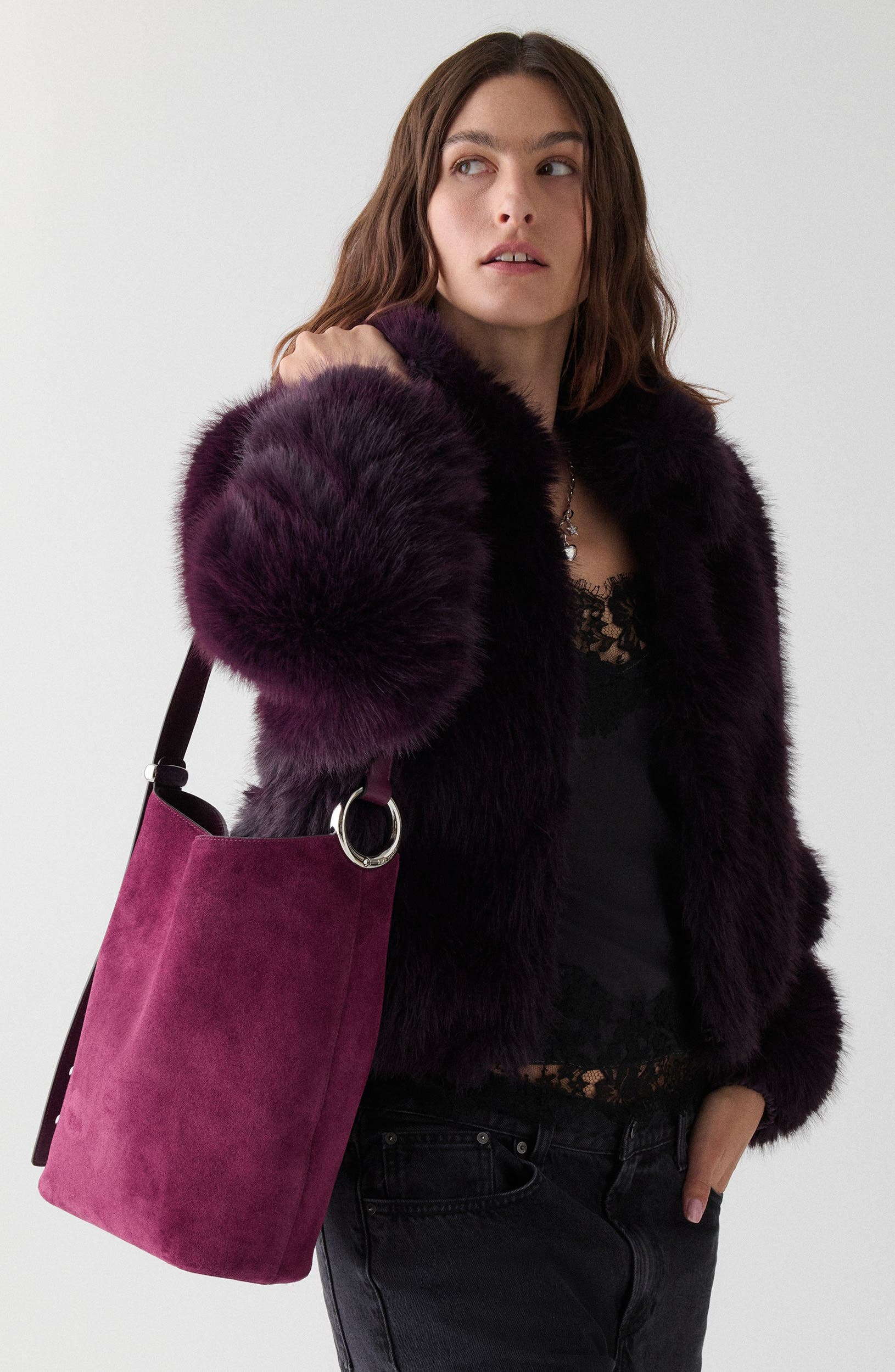 halo suede bucket bag, Alternate, color, PURPLE AGATE