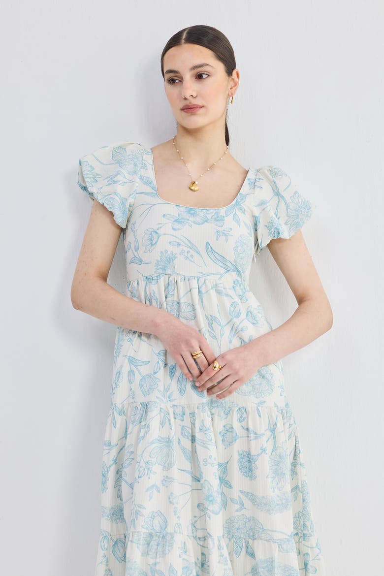 Puff Sleeve Tiered Maxi Dress in Blue Florals, Alternate, color, Floral Melody