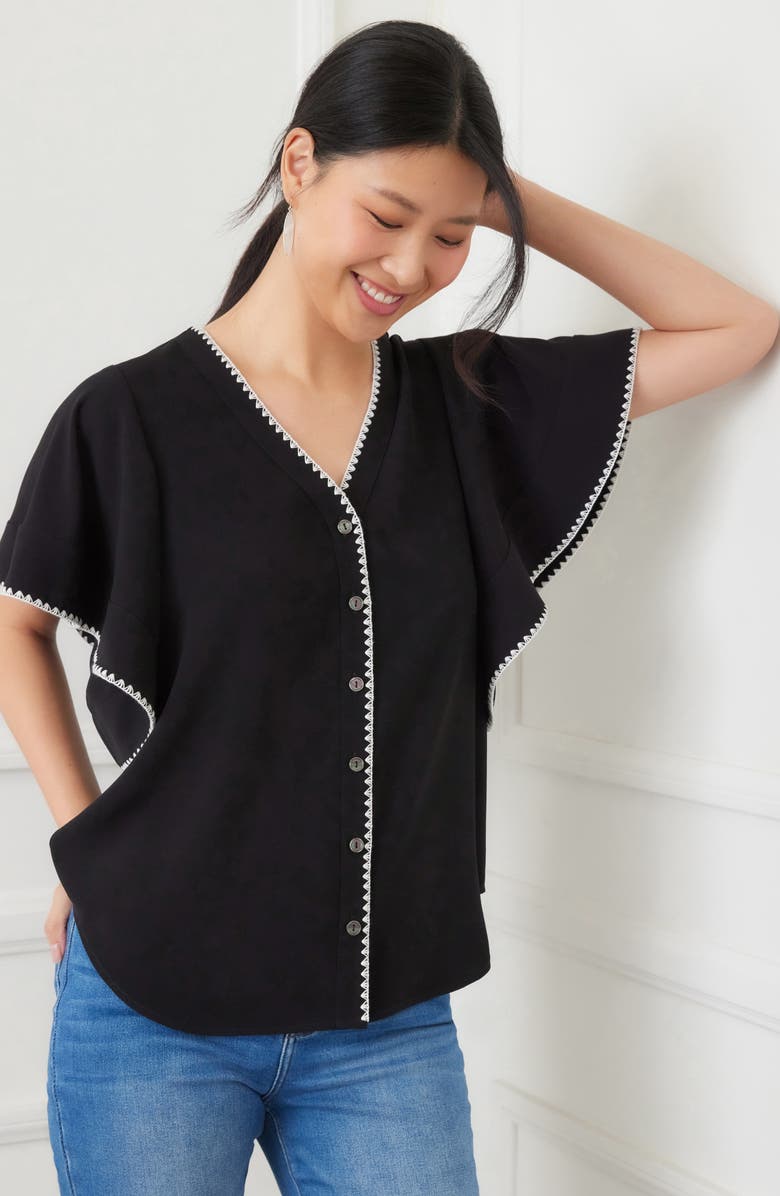 Karen Kane Edge Stitch Flutter Sleeve Top, Alternate, color, Black/ Cream