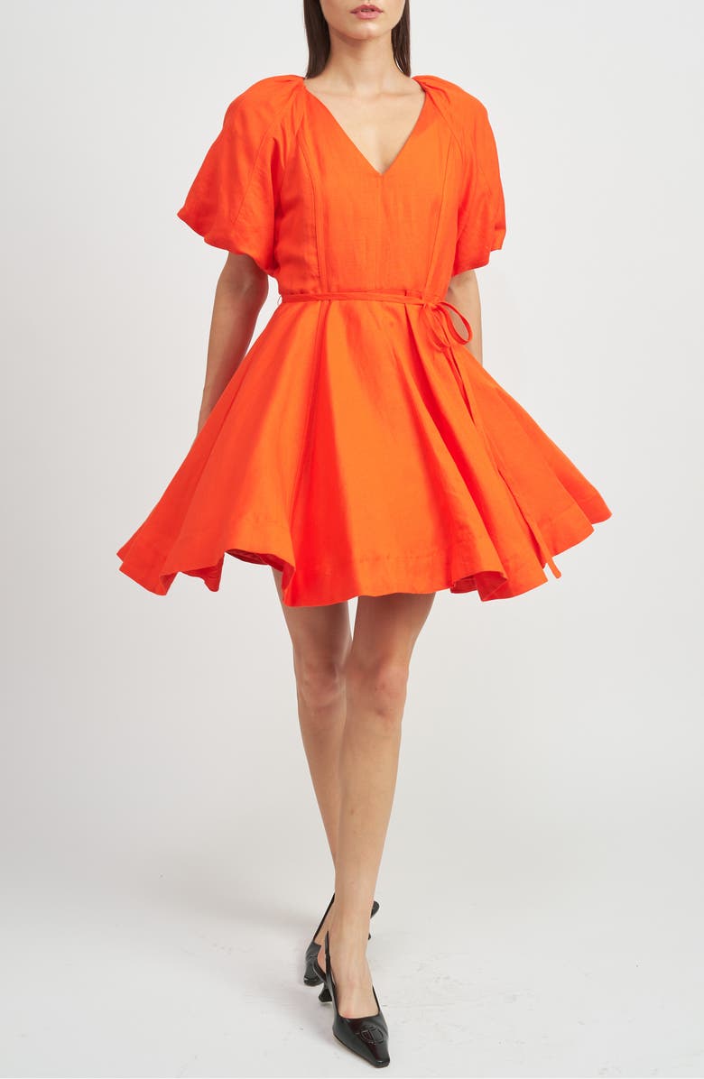 En Saison Sonnet Puff Sleeve Linen Blend Minidress, Main, color, Tomato Red