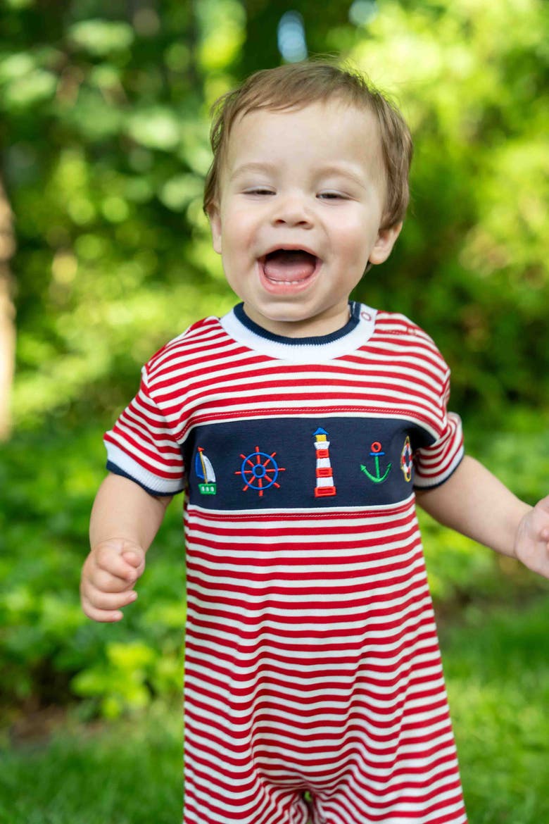 Stripe Knit Shortall With Nautical Applique, Alternate, color, Red/White