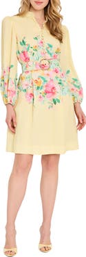 Tahari ASL Floral Print Button Front Long Sleeve Dress