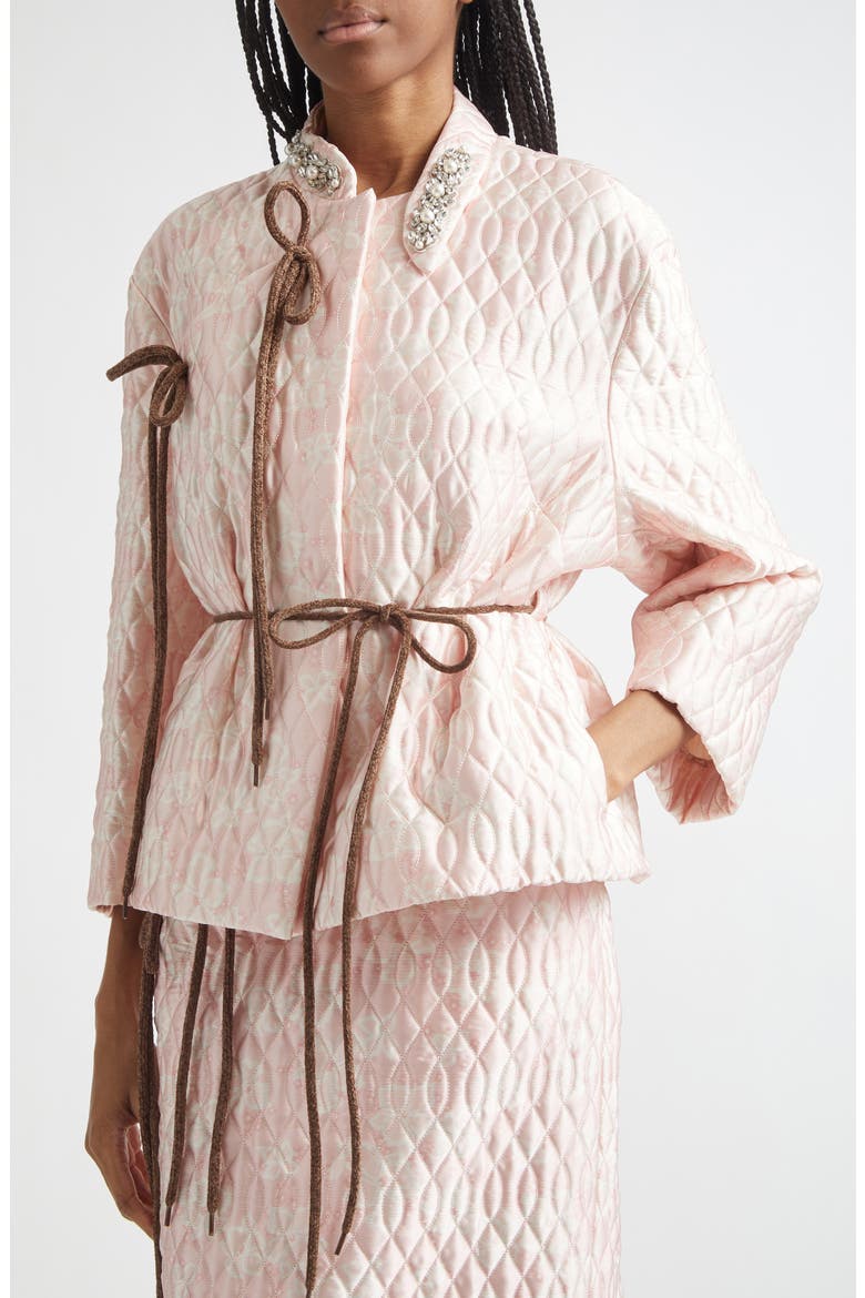 Quilted Floral Offset Fragment Collar Jacket, Alternate, color, PINK/ BROWN/ PEARL/ CLEAR