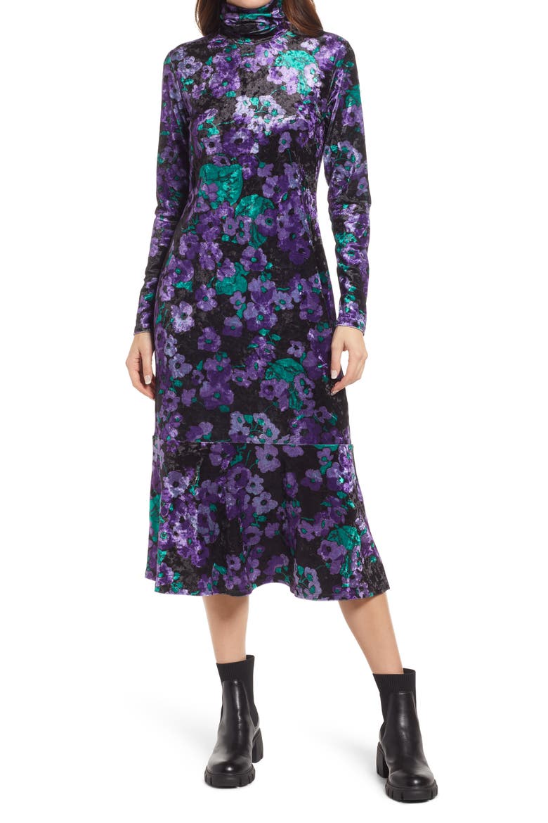 Floral Long Sleeve Crushed Velvet Turtleneck Midi Dress, Main, color, PURPLE FLOWER VELVET