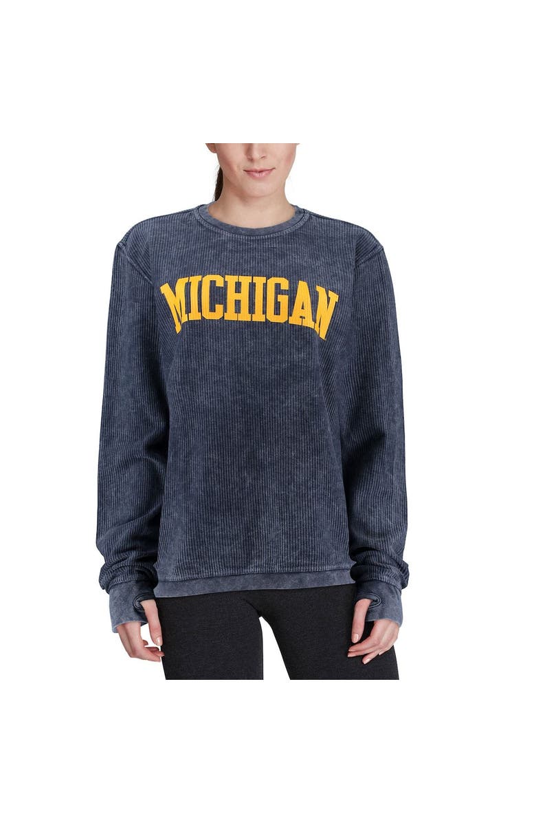 PRESSBOX Women's Pressbox Navy Michigan Wolverines Comfy Cord Vintage Wash Basic Arch Pullover Sweatshirt, Alternate, color, Navy