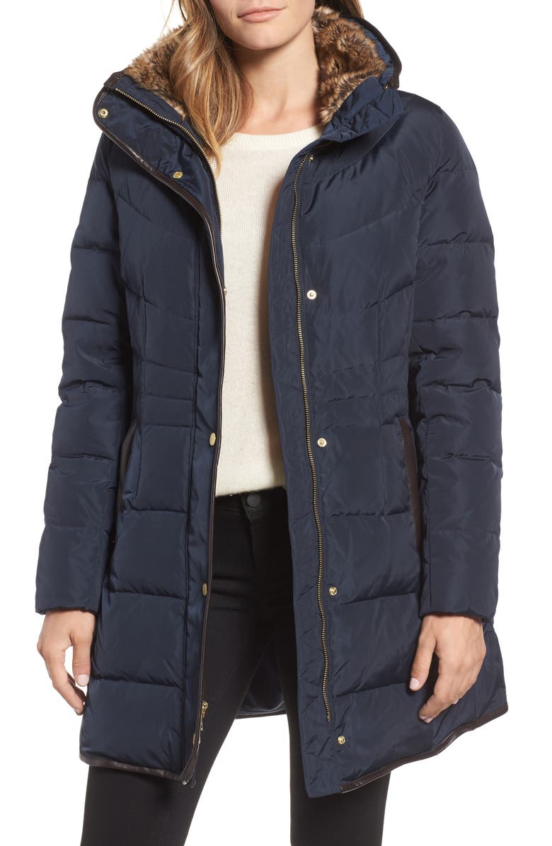 Cole Haan Quilted Down & Feather Fill Jacket with Faux Fur Trim, Main, color, Navy