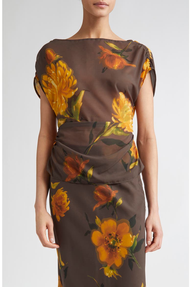 Floral Shirred Cap Sleeve Chiffon Top, Main, color, CHOCOLATE MULTI