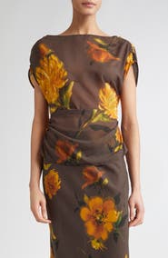 Lela Rose Floral Shirred Cap Sleeve Chiffon Top