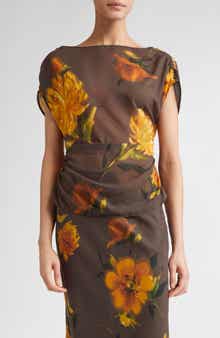 Lela Rose Floral Shirred Cap Sleeve Chiffon Top